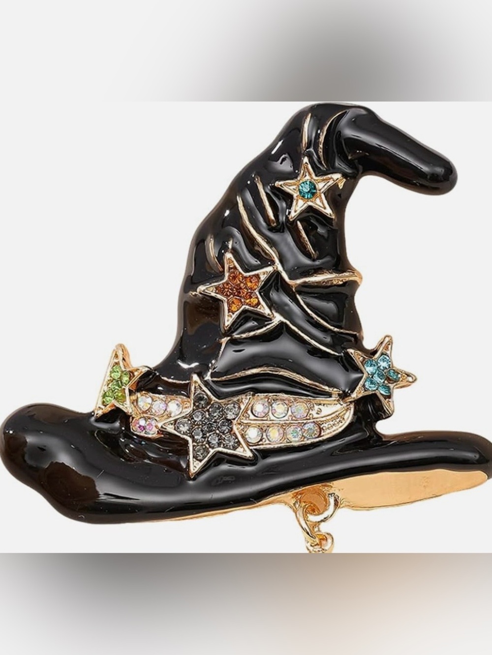 Black Enamel Witch Hat Star Brooch with Multicolor Crystals Halloween
